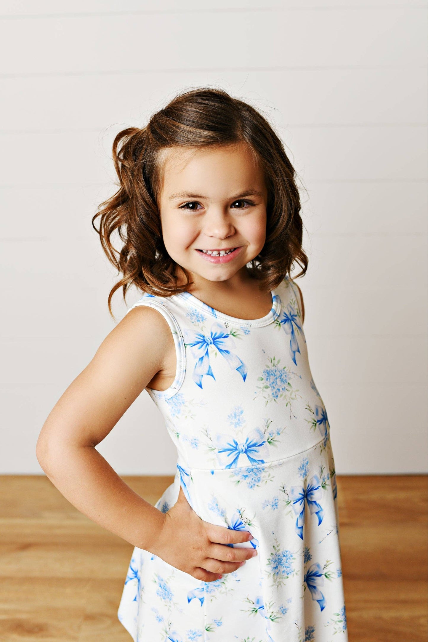 Girls White & Blue Bow Athletic Active Sport Scalloped Dress