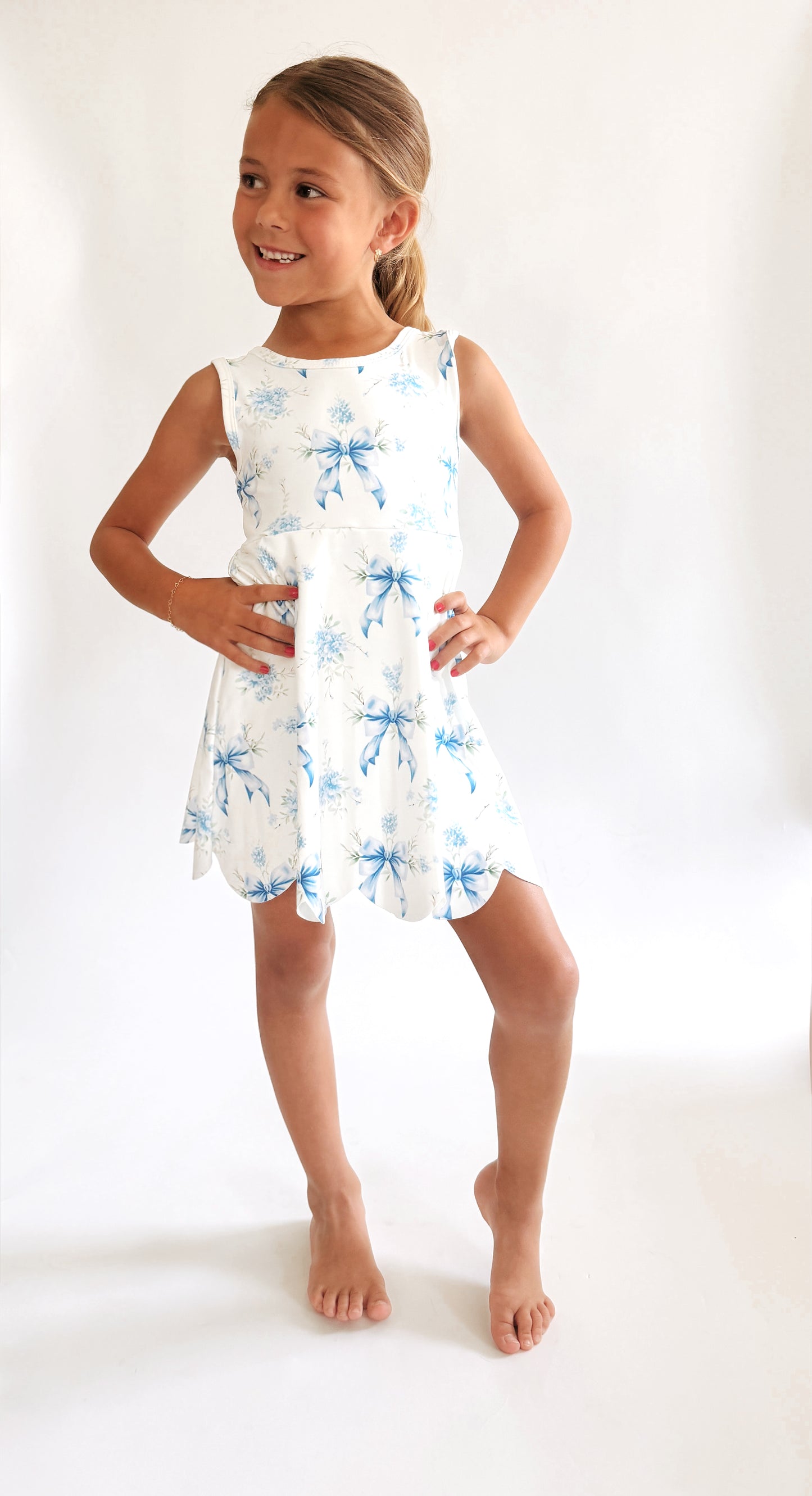 Girls White & Blue Bow Athletic Active Sport Scalloped Dress